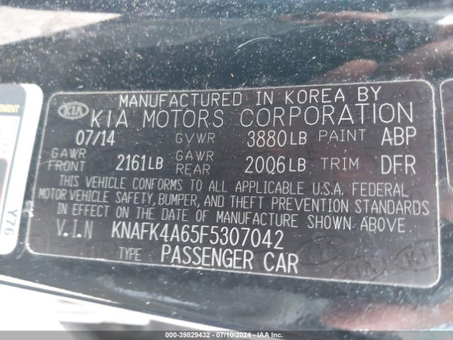 KNAFK4A65F5307042 KIA FORTE LX