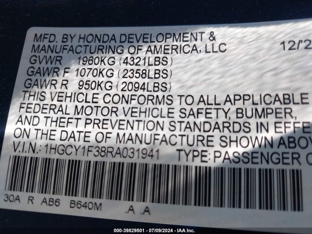 Honda ACCORD EX 2024 1HGCY1F38RA031941 Image 9
