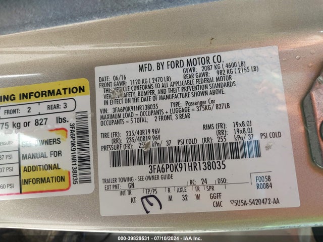 Ford Fusion Titanium 2017 3FA6P0K91HR138035 Image 9