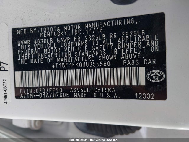 Toyota CAMRY SE 2017 4T1BF1FK0HU355580 Image 9