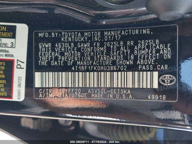 4T1BF1FK0HU386702 Toyota CAMRY SE