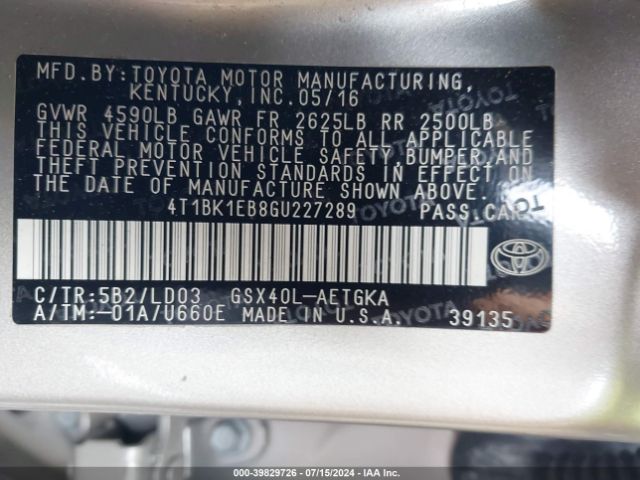 4T1BK1EB8GU227289 Toyota AVALON XLE