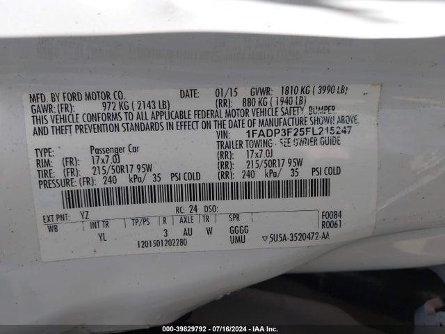 Ford FOCUS SE 2015 1FADP3F25FL215247 Image 9