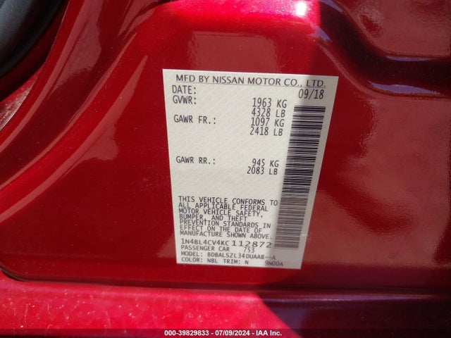 Nissan Altima 2.5 Sr 2019 1N4BL4CV4KC112872 Image 9