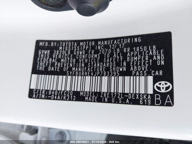 Toyota COROLLA SE 2018 5YFBURHE4JP783395 Image 9