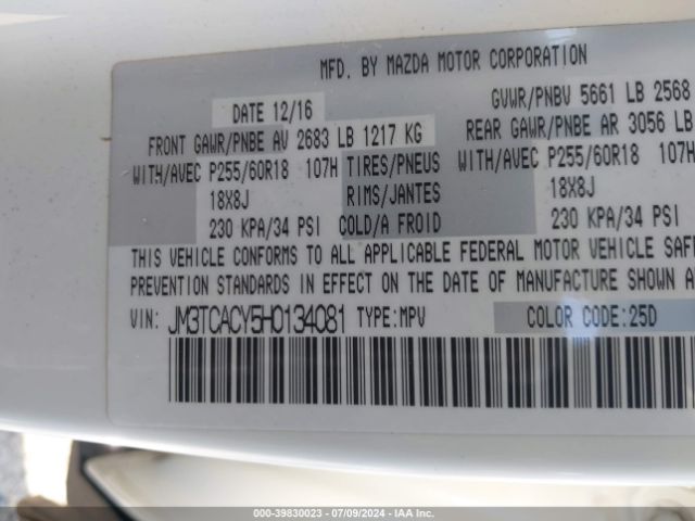 JM3TCACY5H0134081 Mazda Cx-9 Touring