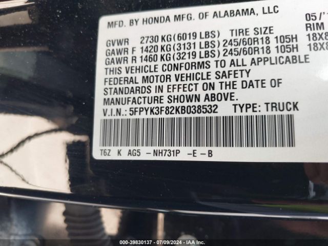 5FPYK3F82KB038532 Honda Ridgeline Black Edition