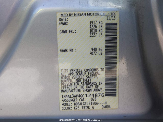 Nissan Altima 2.5 S 2016 1N4AL3AP4GC124876 Image 9