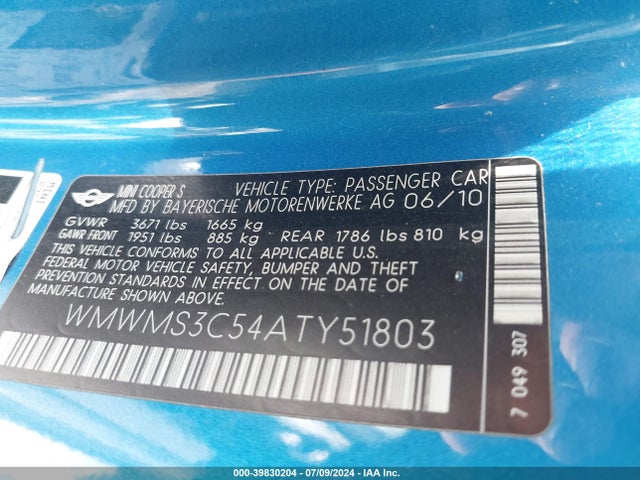 2010 MINI COOPER S WMWMS3C54ATY51803 Photo 8