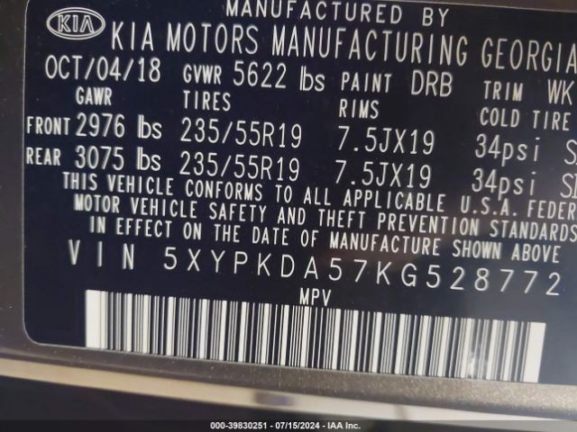 5XYPKDA57KG528772 KIA Sorento 3.3l Sxl