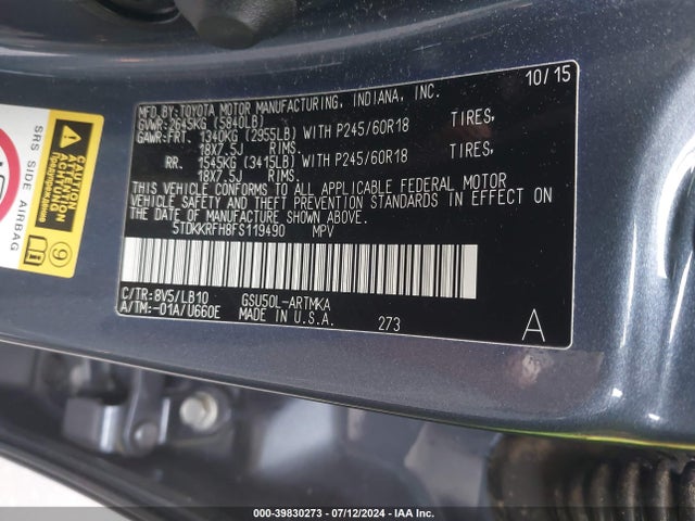 Toyota Highlander Xle V6 2015 5TDKKRFH8FS119490 Image 9