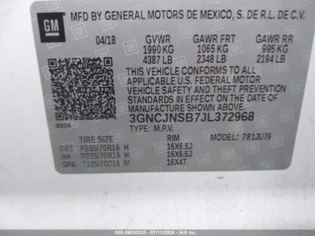 3GNCJNSB7JL372968 Chevrolet TRAX LS