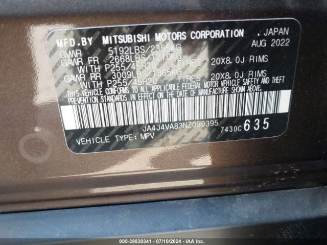 JA4J4VA83NZ090395 Mitsubishi Outlander Sel 2.5 S-awc/sel Launch Edition S-awc/sel Special Edition S-awc