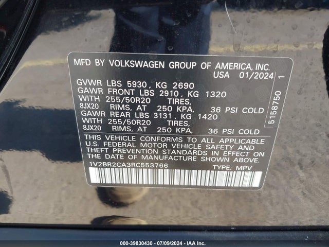 1V2BR2CA3RC553766 Volkswagen Atlas 2.0t Sel