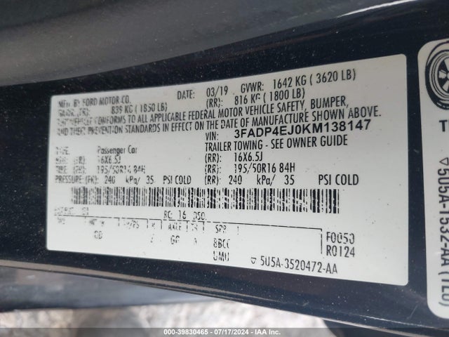 Ford FIESTA SE 2019 3FADP4EJ0KM138147 Image 9