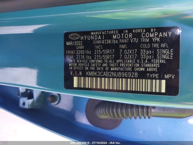 KM8K3CAB2NU896928 Hyundai Kona Sel