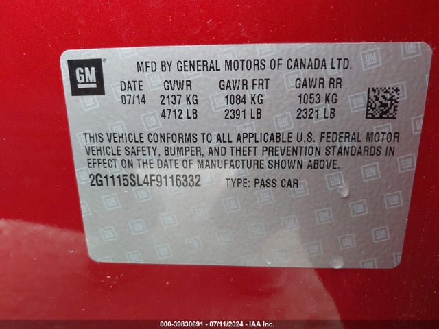 Chevrolet IMPALA 1LT 2015 2G1115SL4F9116332 Image 9