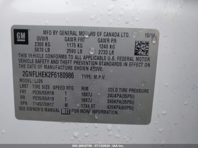2GNFLHEK2F6180986 Chevrolet Equinox Ltz