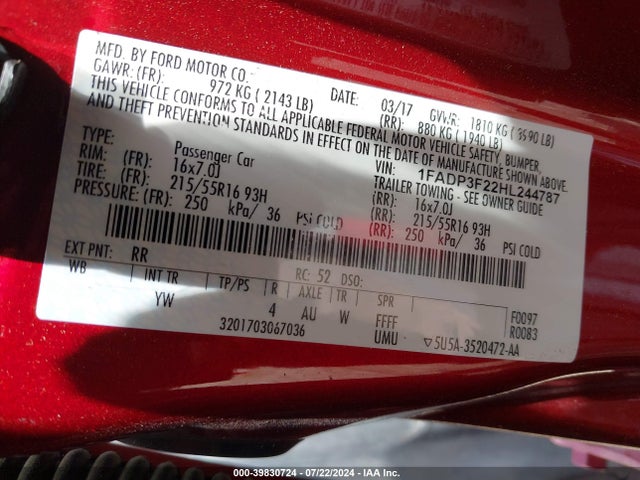 Ford FOCUS SE 2017 1FADP3F22HL244787 Image 9