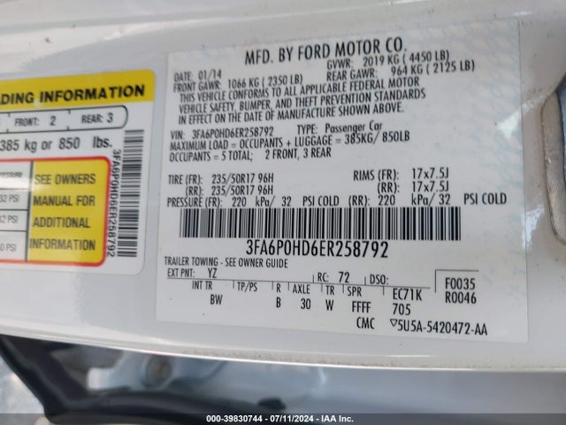 Ford FUSION SE 2014 3FA6P0HD6ER258792 Image 9