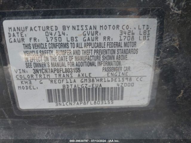 3N1CN7AP8FL803155 Nissan Versa 1.6 Sl