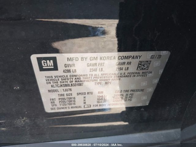 KL7CJKSB0LB331087 Chevrolet Trax Fwd Ls