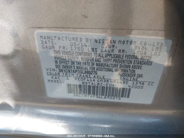 3N1CN7AP3GL895275 Nissan Versa 1.6 S/1.6 S+/1.6 Sl/1.6 Sv