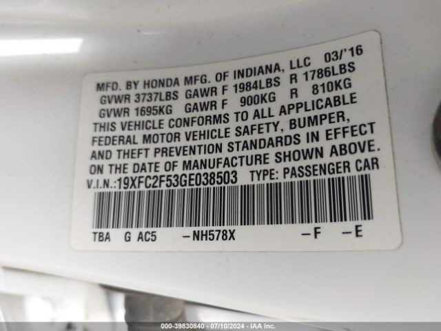 19XFC2F53GE038503 Honda Civic Lx