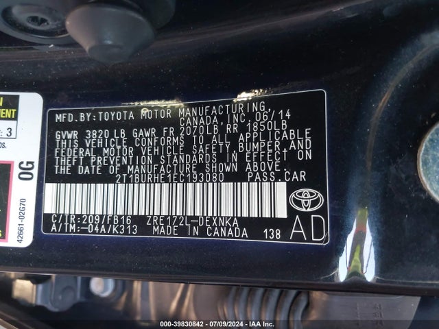 Toyota COROLLA LE 2014 2T1BURHE1EC193080 Image 9