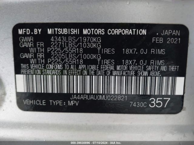 JA4ARUAU0MU022821 Mitsubishi Outlander Sport 2.0 Be Awc/2.0 Es Awc/2.0 Le Awc/2.0 Se Awc