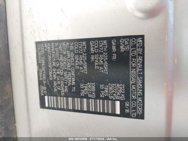 KNMAT2MV3GP736431 Nissan ROGUE SV