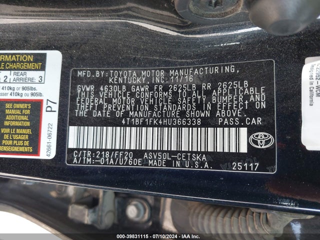 Toyota CAMRY SE 2017 4T1BF1FK4HU366338 Image 9