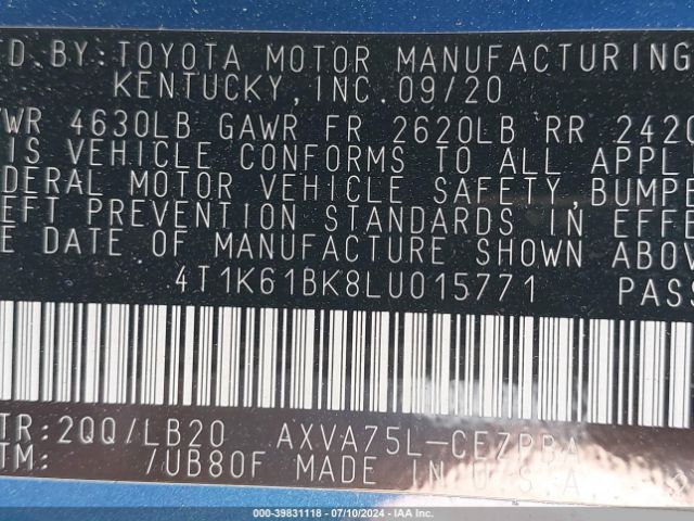 4T1K61BK8LU015771 Toyota Camry Xse Awd