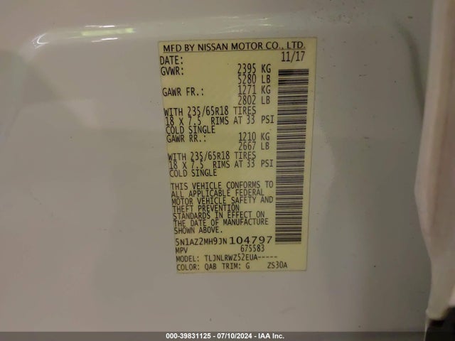 Nissan MURANO SL 2018 5N1AZ2MH9JN104797 Image 9