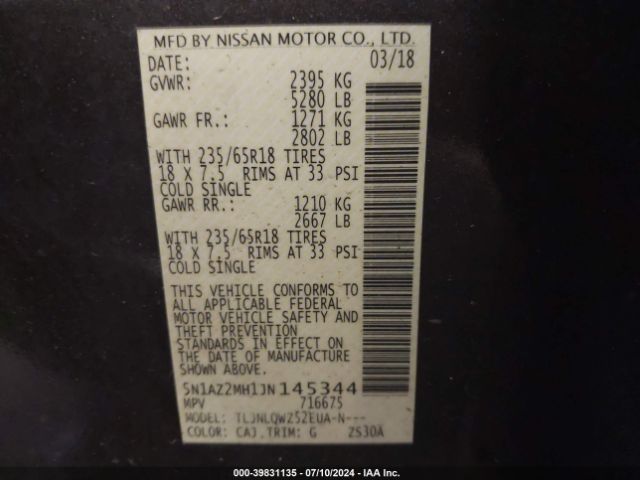 5N1AZ2MH1JN145344 Nissan MURANO SV
