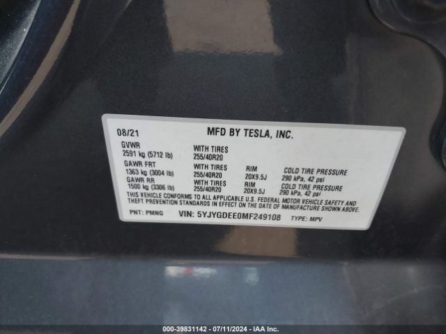 5YJYGDEE0MF249108 Tesla Model Y Long Range Dual Motor All-wheel Drive