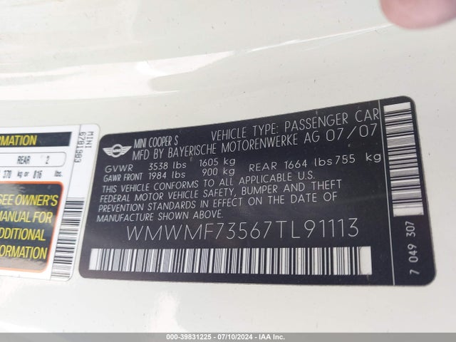 2007 MINI COOPER S WMWMF73567TL91113 Photo 8
