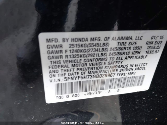 Honda Pilot Ex-l 2016 5FNYF5H73GB028967 Image 9