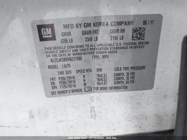 KL7CJKSBXHB237080 Chevrolet TRAX LS