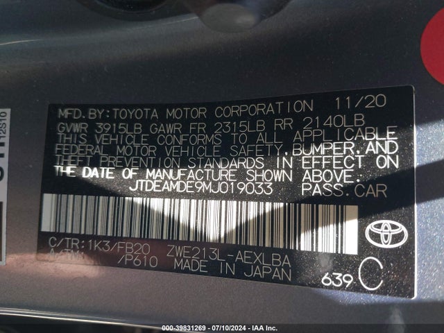 Toyota Corolla Hybrid Le 2021 JTDEAMDE9MJ019033 Image 9