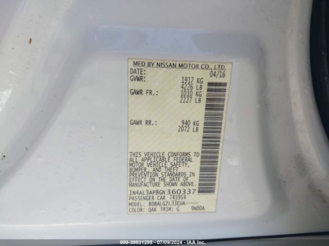1N4AL3AP8GN360337 Nissan Altima 2.5/2.5 S/2.5 Sl/2.5 Sr/2.5 Sv