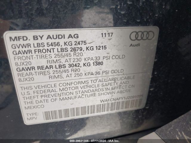 WA1CNAFY1J2091085 Audi Q5 2.0t Premium/2.0t Tech Premium