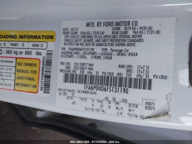 1FA6P0HD6F5131190 Ford FUSION SE