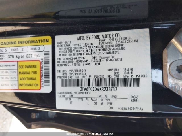 3FA6P0CD6KR233717 Ford FUSION SEL
