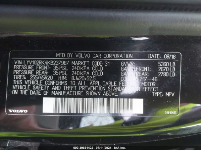 LYV102RK4KB237987 Volvo Xc60 T5 Momentum