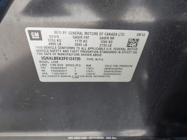 Chevrolet EQUINOX 1LT 2015 2GNALBEK2F6124795 Image 9