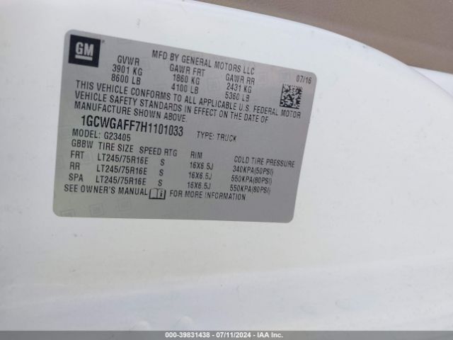 1GCWGAFF7H1101033 Chevrolet Express 2500 Work Van