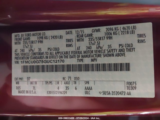 Ford ESCAPE SE 2016 1FMCU0G75GUC12170 Image 9