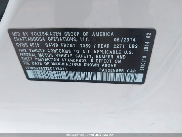 1VWBS7A32EC115321 Volkswagen Passat 1.8t Se