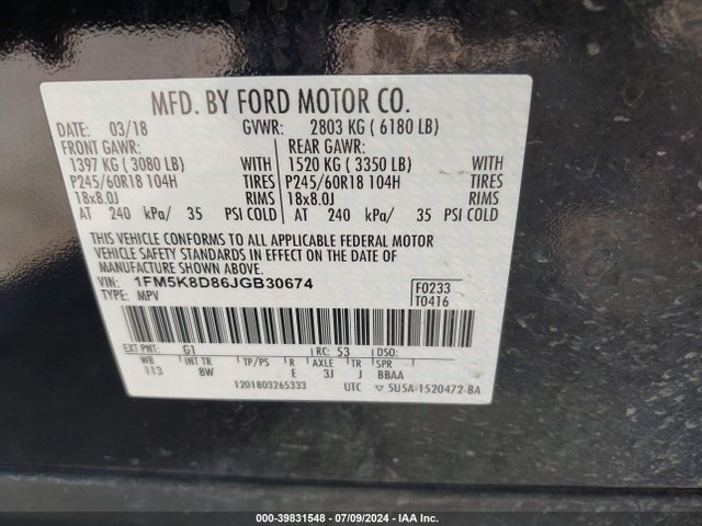 Ford EXPLORER XLT 2018 1FM5K8D86JGB30674 Image 9